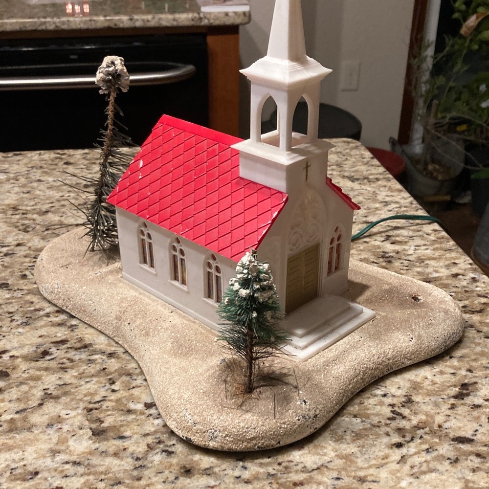 Vintage 1950s light up church, mid-century modern Christmas decor